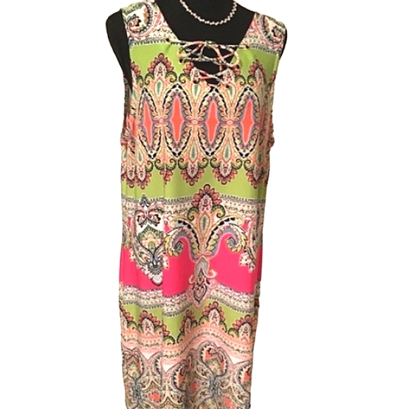 IVY LANE Paisley Slinky Multicolor Lace-up Tie Sleeveless Stretch Dress EUC - Picture 2 of 10